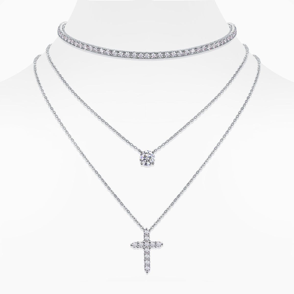 Round Moissanite Cross Pendant Triple Necklace - Ceerom