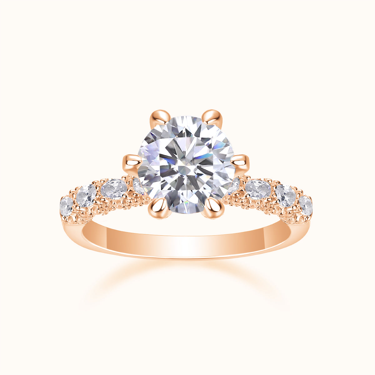 Pave Six Claw Round Moissanite Ring - Rose Gold - Ceerom