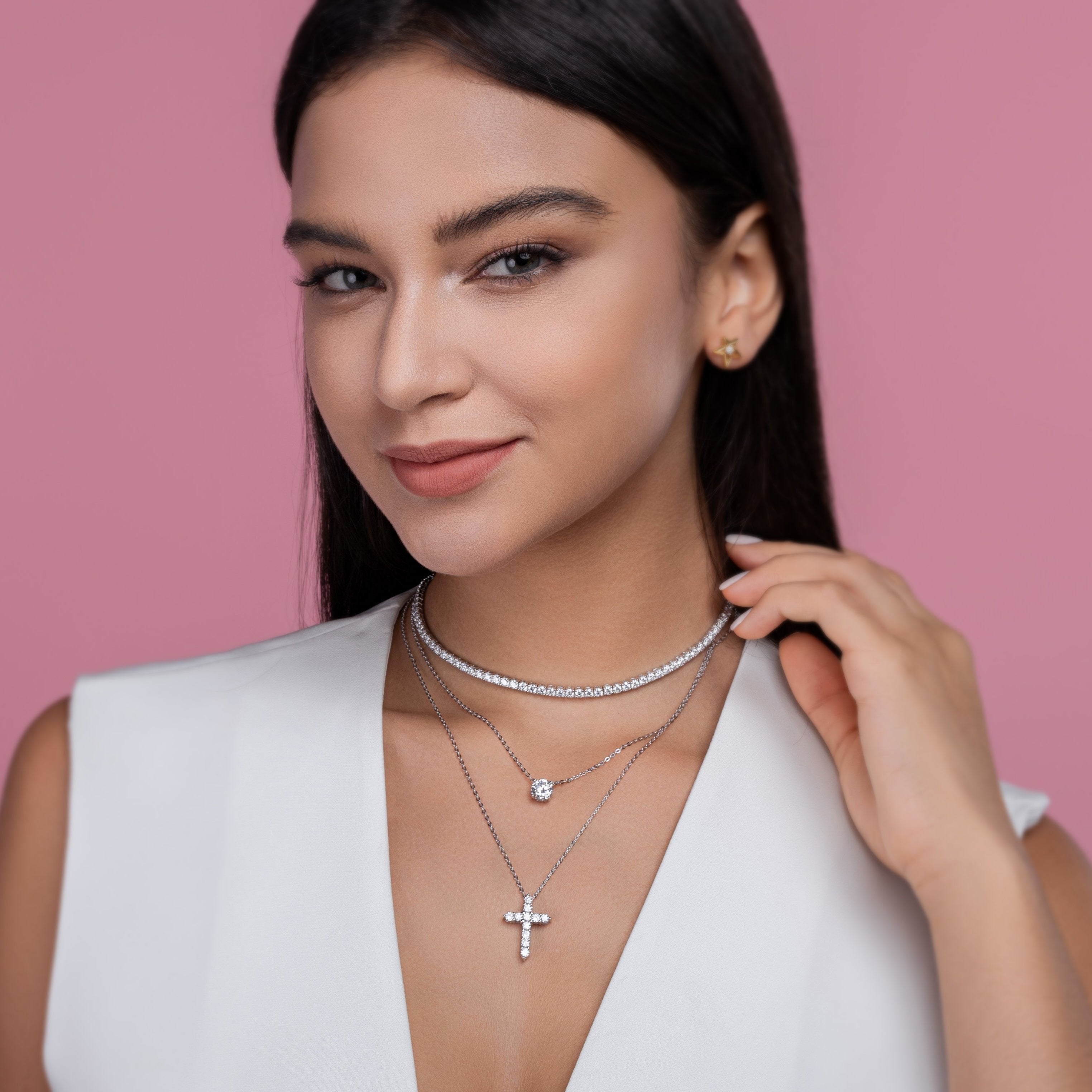 Round Moissanite Cross Pendant Triple Necklace - Ceerom