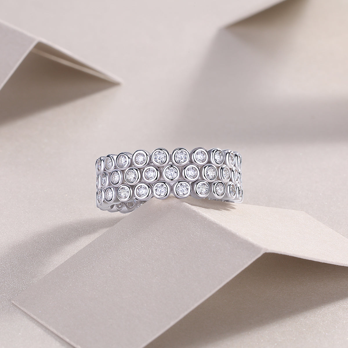 Three Row Pave Moissanite Wide Band Ring - Ceerom