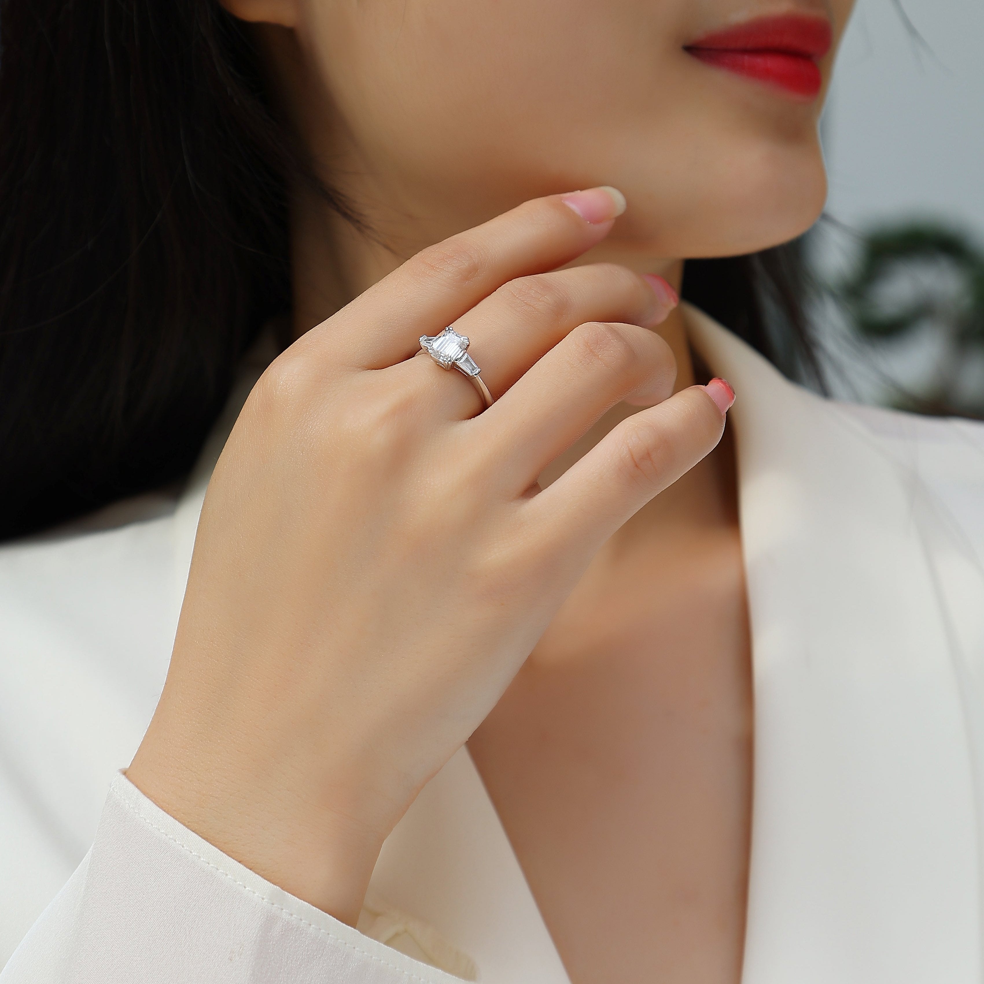 Three Stone Emerald Cut Moissanite Engagement Ring - Ceerom