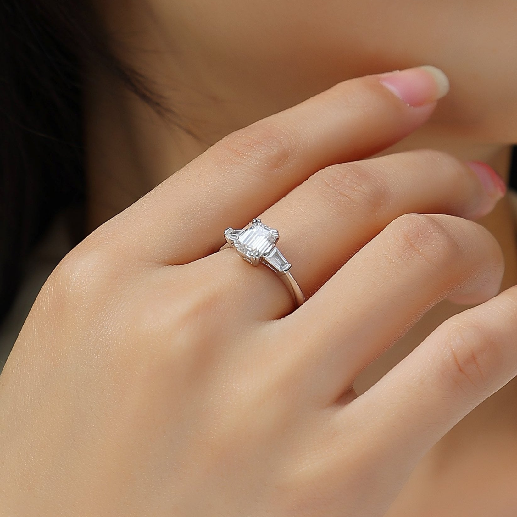 Three Stone Emerald Cut Moissanite Ring - Ceerom