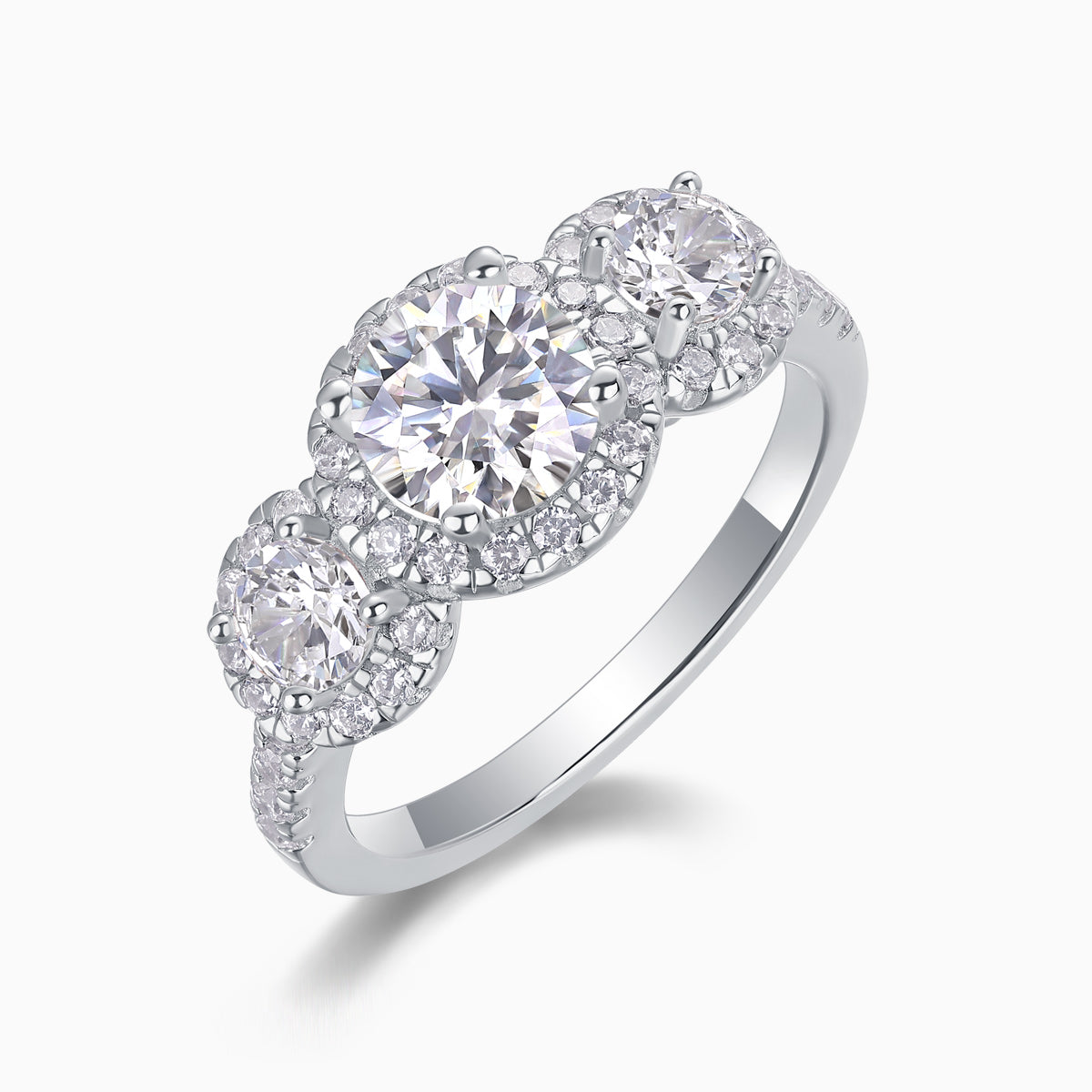 Three Stone Halo Round Cut Moissanite Wedding Ring - Ceerom