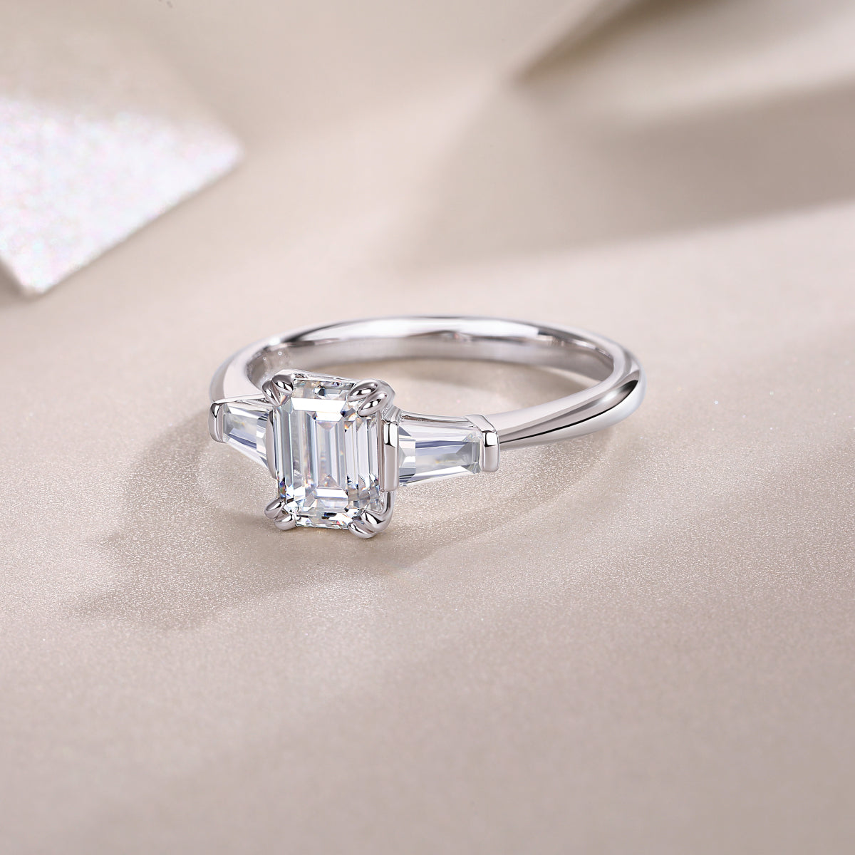 Three Stone Emerald Cut Moissanite Engagement Ring - Ceerom