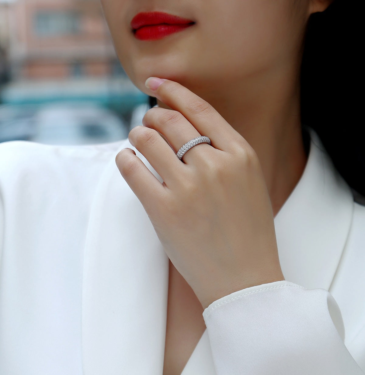 Triple Row Round Cut Moissanite Band Ring - Ceerom