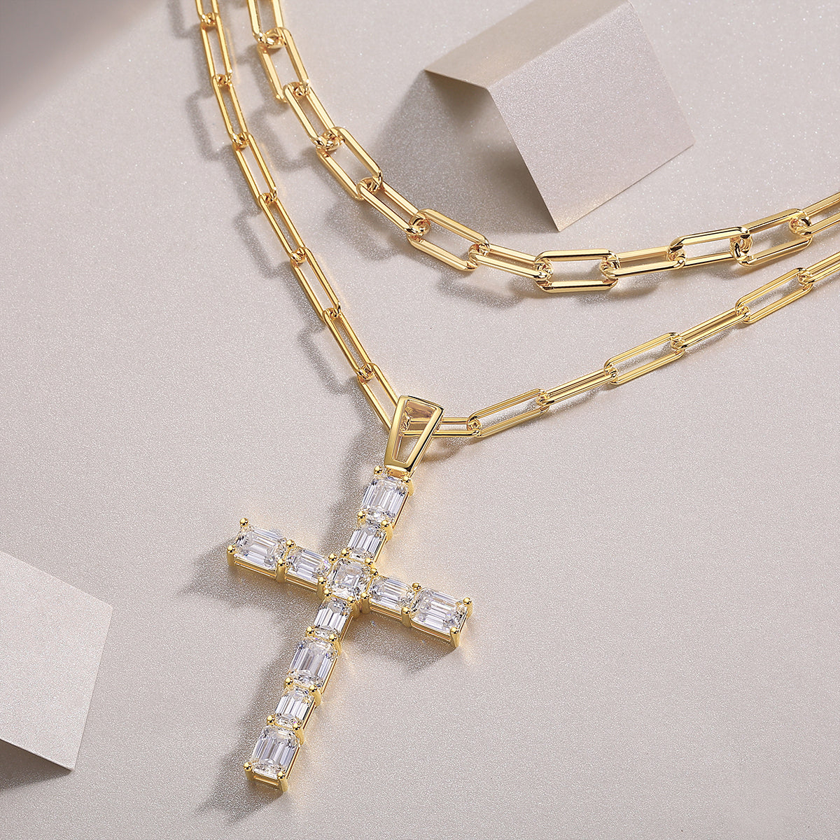Emerald Cut Moissanite Cross Pendant Necklace - Ceerom