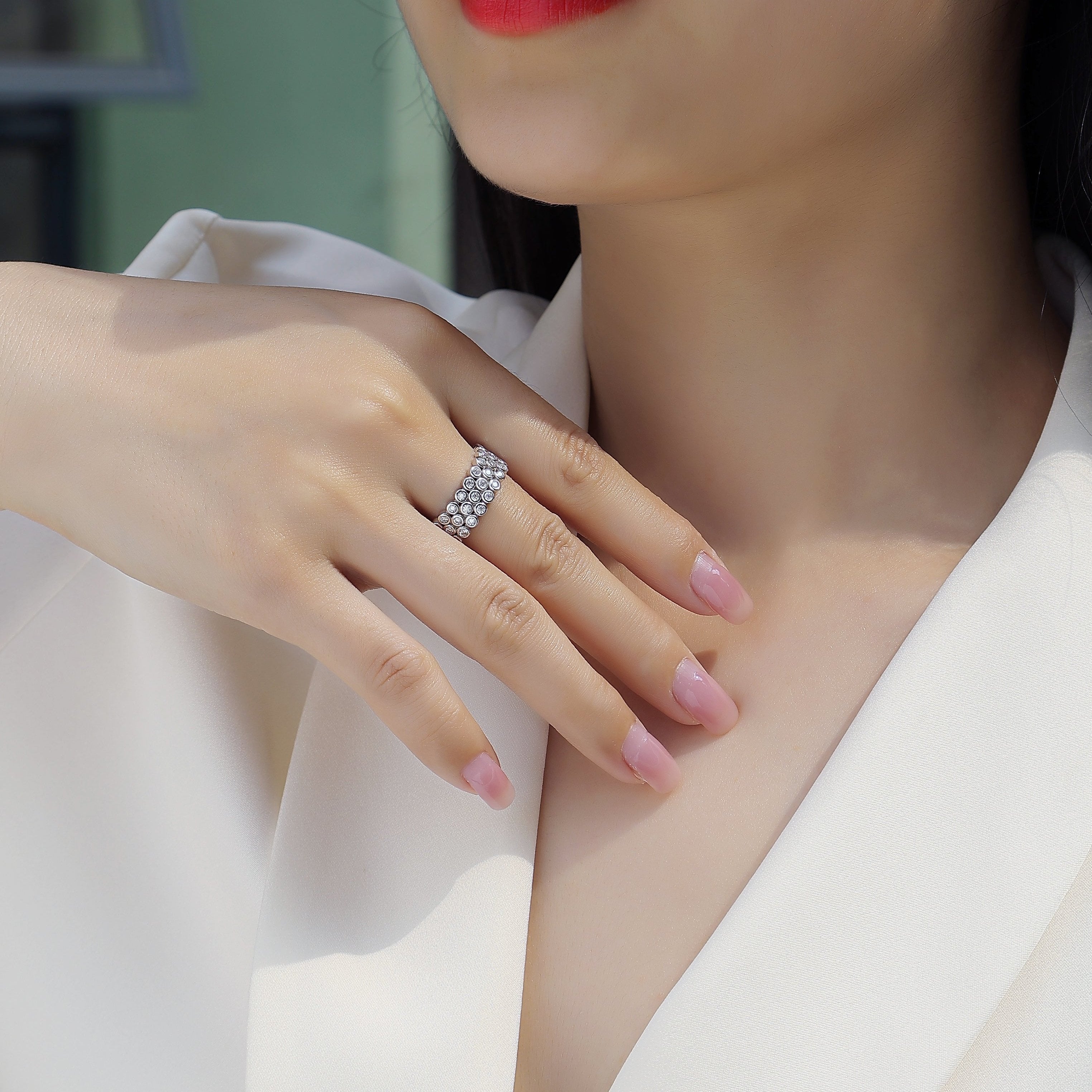 Three Row Pave Moissanite Wide Band Ring - Ceerom