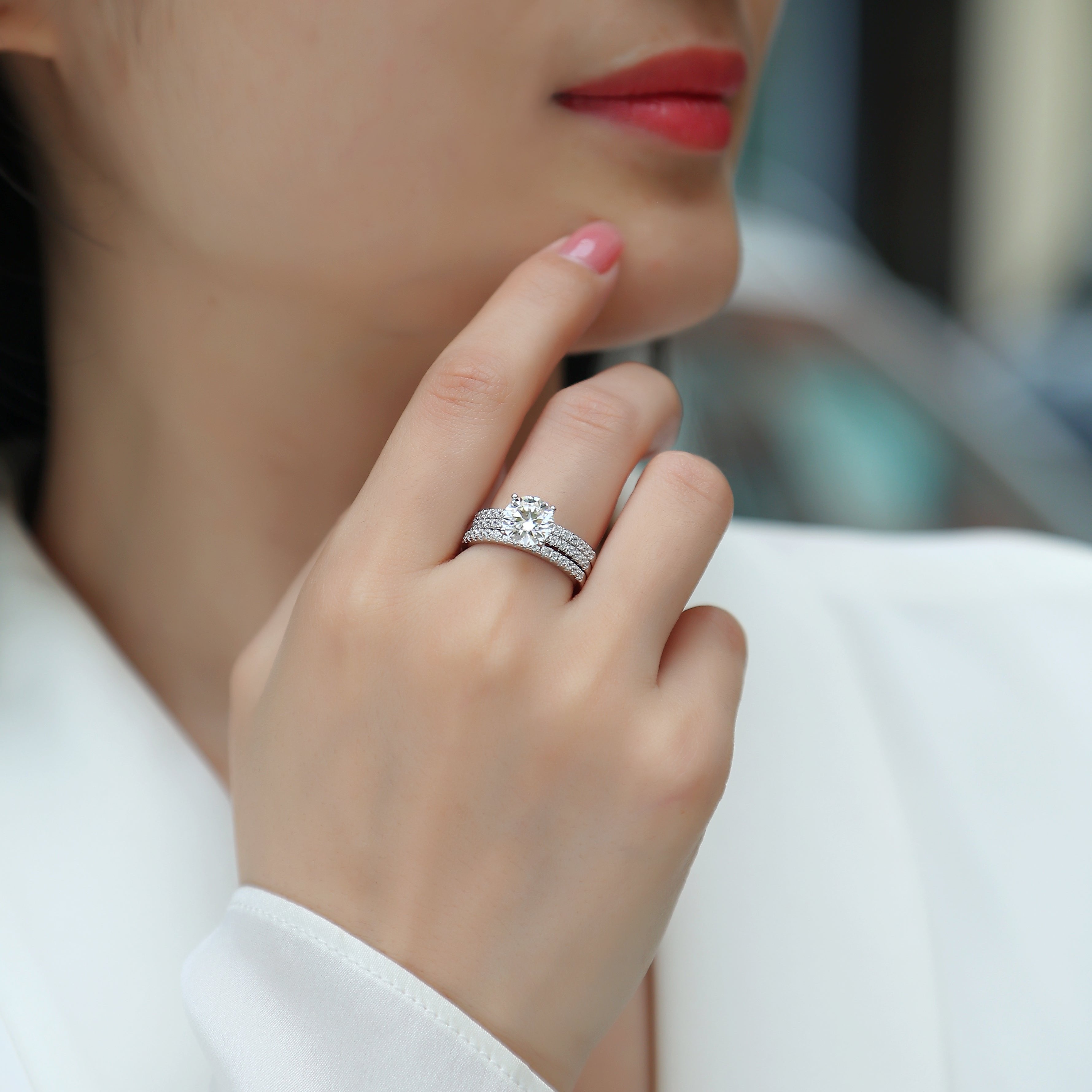 Stackable Round Moissanite Pave Wedding Ring Set - Ceerom