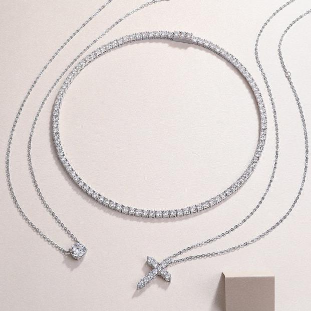 Round Moissanite Cross Pendant Triple Necklace - Ceerom