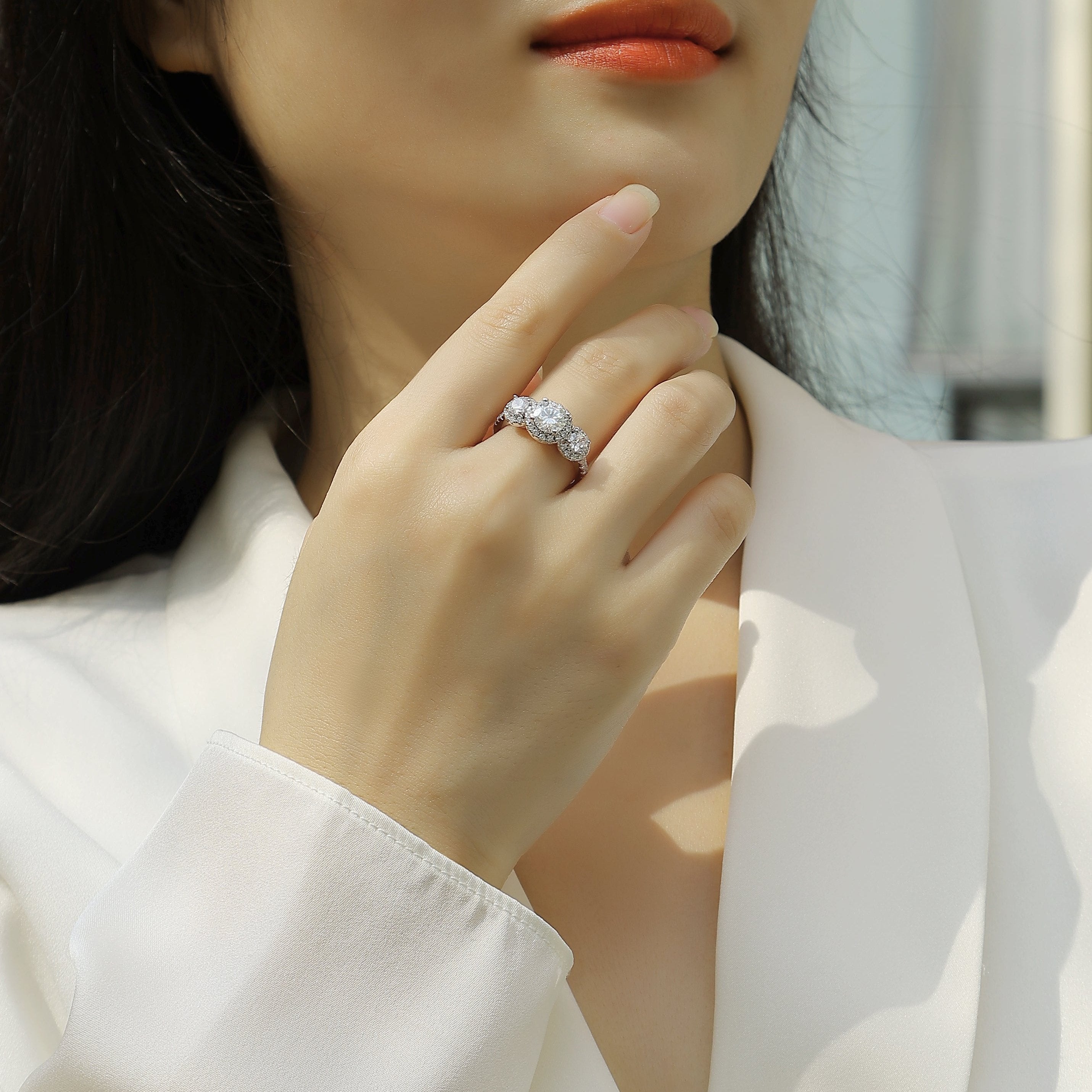 Three Stone Halo Round Cut Moissanite Wedding Ring - Ceerom