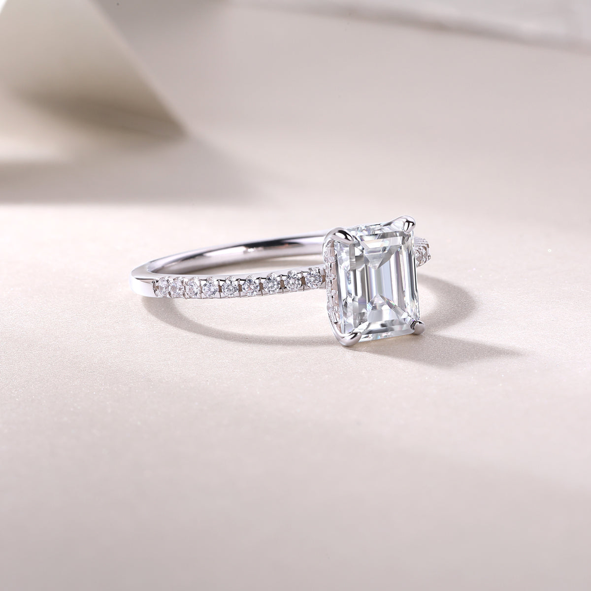 Pave Emerald Cut Moissanite Engagement Ring - Ceerom