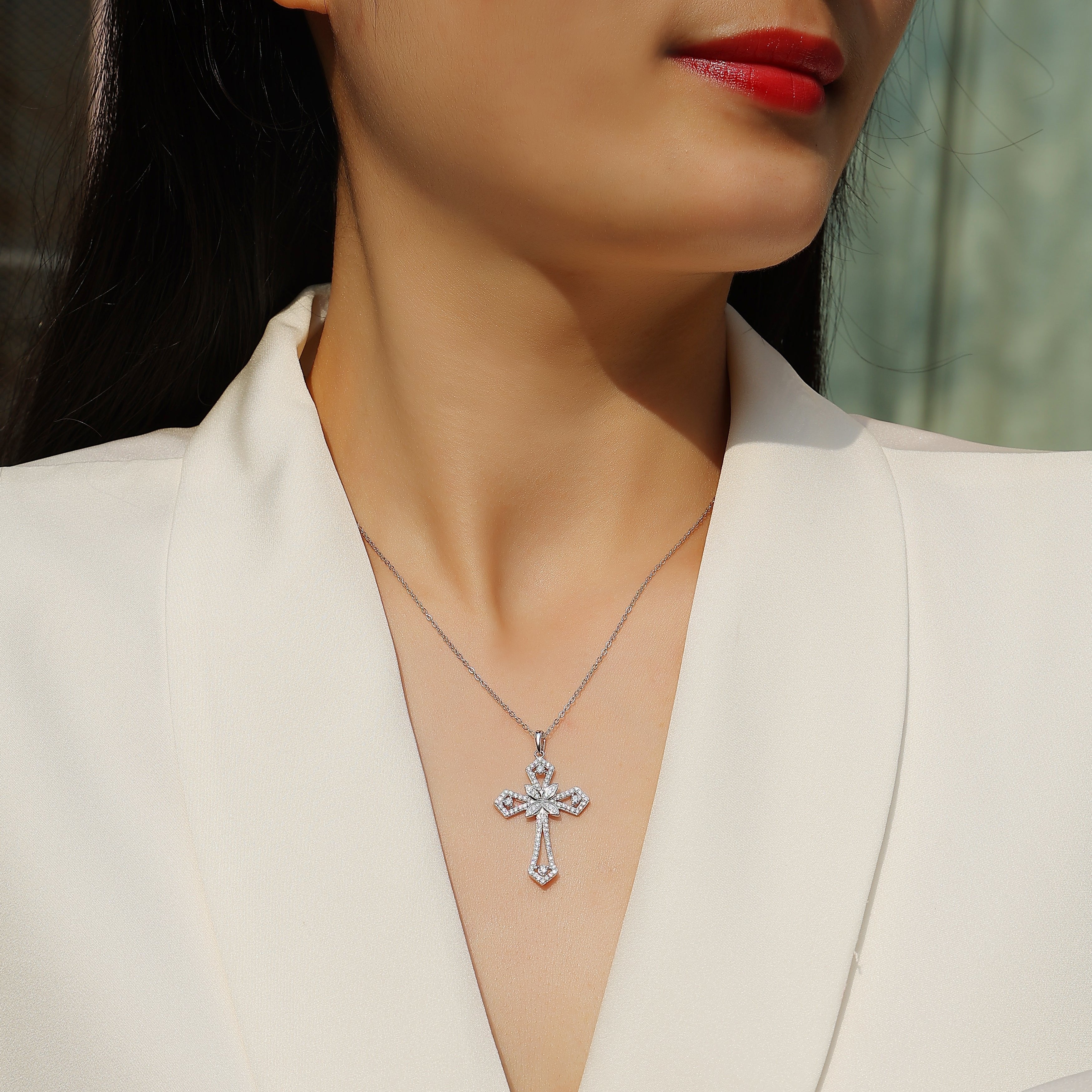 Moissanite Cross Pendant  Wedding Necklace - Ceerom