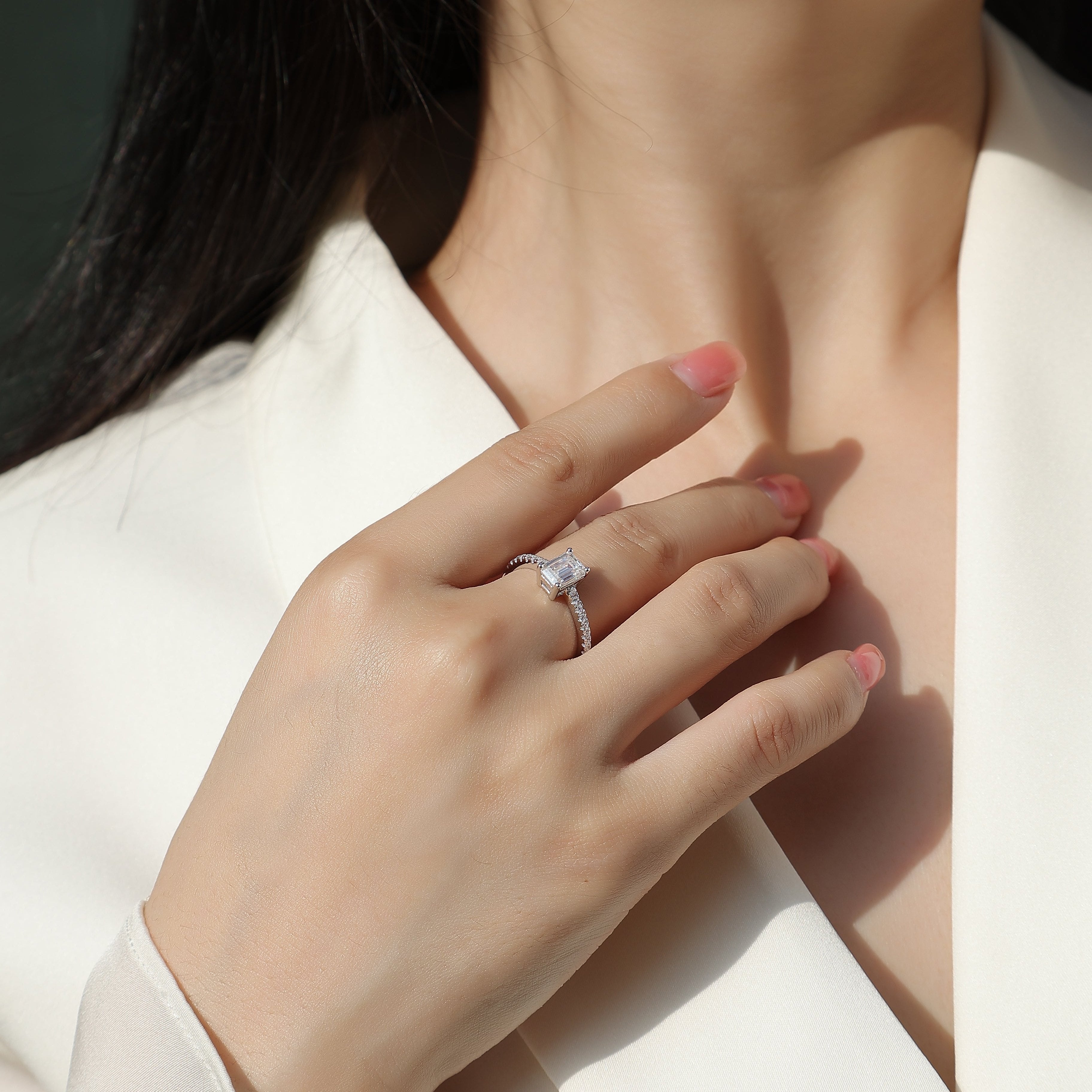 Emerald Cut Moissanite Pave Engagement Ring - Ceerom