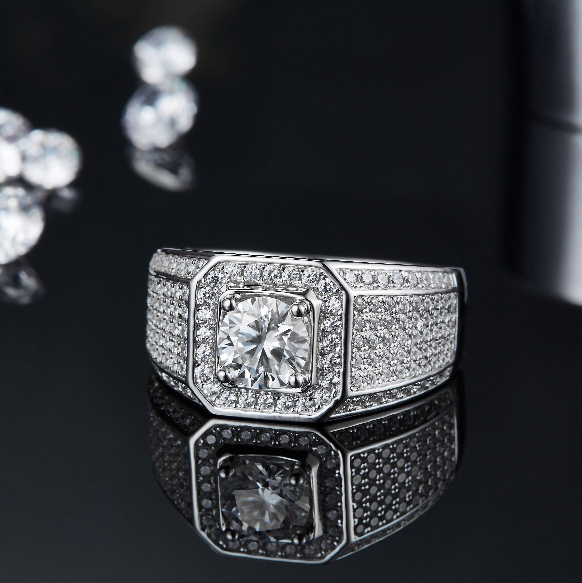 Pave Round Moissanite Halo Wedding Men's Ring - Ceerom