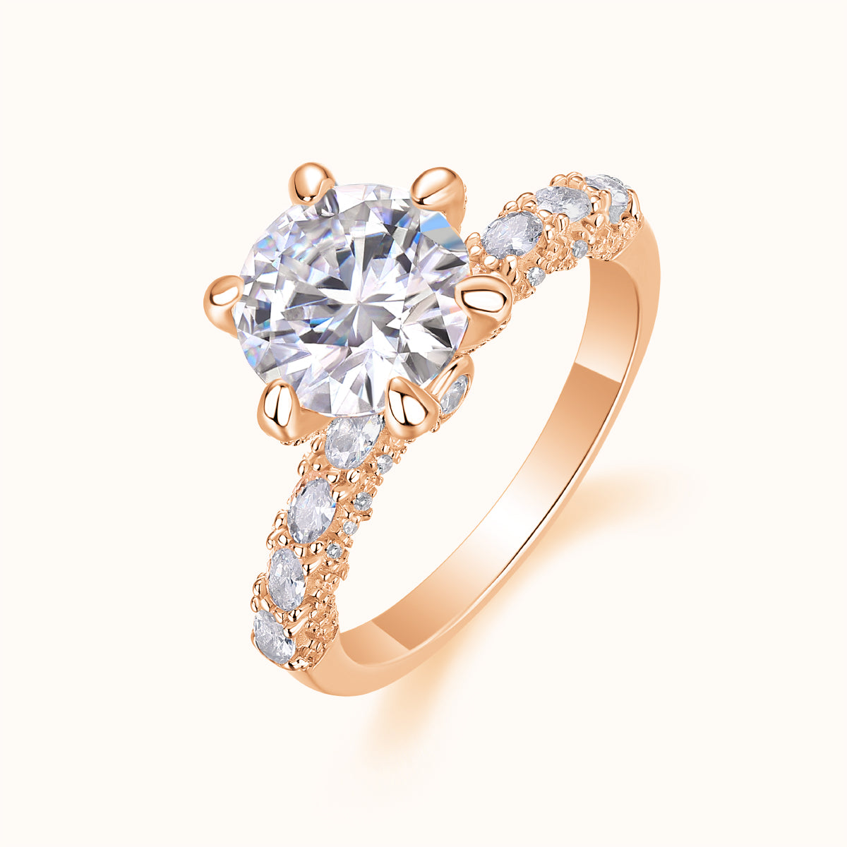Pave Six Claw Round Moissanite  Ring - Rose Gold - Ceerom